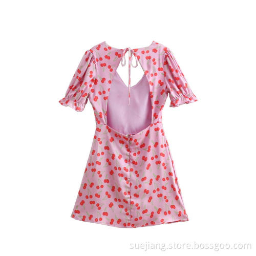V-neck Bubble Sleeve Cherry Printed Backless dress